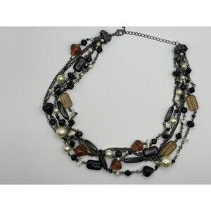 Lia Sophia Multi-Strand Statement Necklace Black White Amber Glass Beads Signed